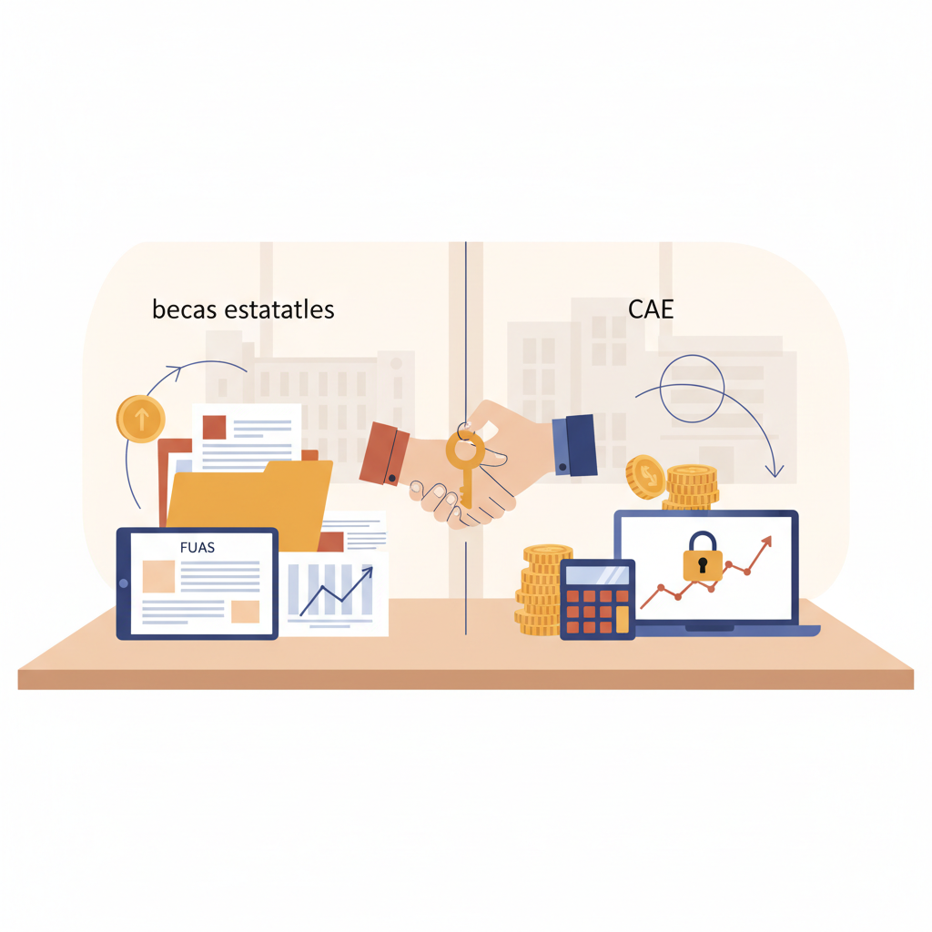 Imagen destacada del artículo "Qué diferencia hay entre becas estatales y CAE para financiar la universidad". Temas: becas estatales, CAE, financiamiento universitario. Blog fuaspostulaciones.cl sobre FUAS, becas y admisión universitaria en Chile.